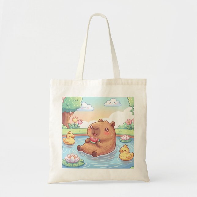 Bolsa Tote Kawaii capy in a pond (Frente)