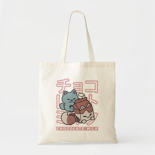 Bolsa Tote Kawaii Cat with Chocolate Milk – Japanese Pop Art  (Frente)