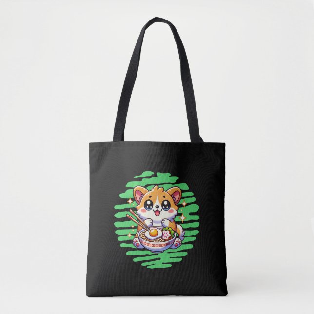 Bolsa Tote Kawaii Corgi comendo tigela de Ramen (Frente)