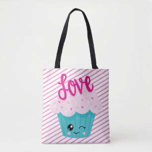 Bolsa Tote Kawaii Cupcake Adora Cinza Rosa Stripe Teal Bonita