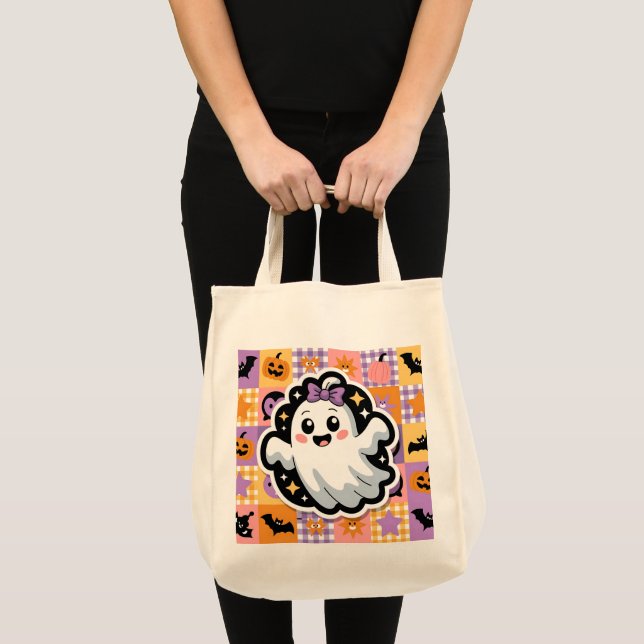Bolsa Tote Kawaii Ghost Blanket - Ghost de Cartoon de Patchwo (Frente (produto))
