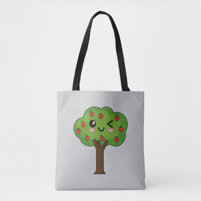 Bolsa Tote Kawaii Happy Winking Apple Tree (Frente)
