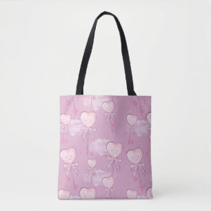 Bolsa Tote Kawaii Heart Lollipop Patterno - Púrpura Pastel