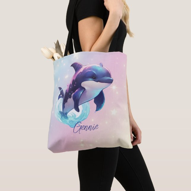 Bolsa Tote Kawaii Orca Killer Whale Personalizou Azul e Rosa (Close Up)