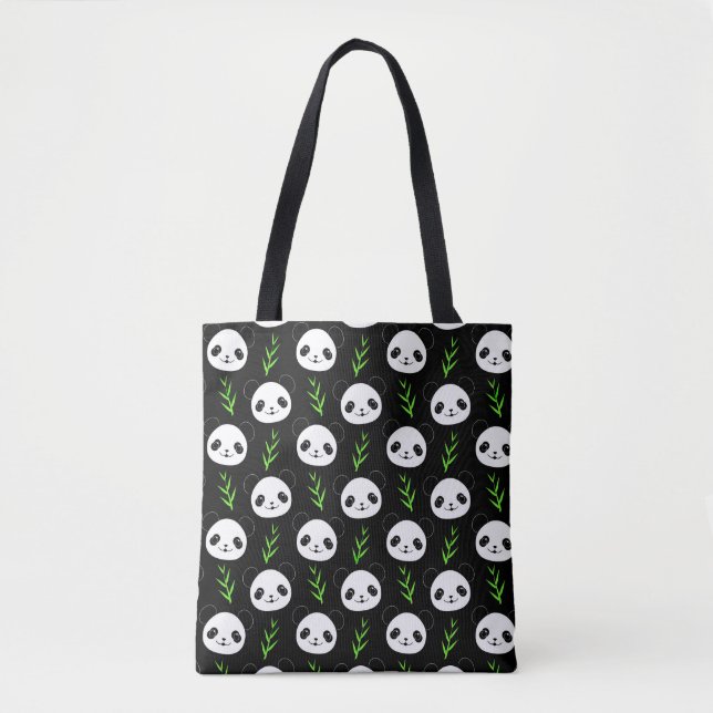 Bolsa Tote Kawaii Panda Pattern Bamboo Em Verde Branco Negro (Frente)