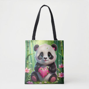 Bolsa Tote Kawaii Panda Segurando Coração em uma Floresta de 