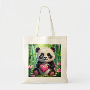 Bolsa Tote Kawaii Panda Segurando Coração em uma Floresta de