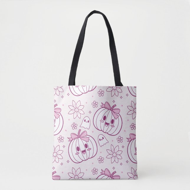 Bolsa Tote Kawaii Pumpkins, Fantasmas e Flores (Frente)