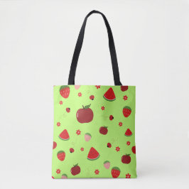 Bolsa Tote Kawaii Red Fruits Pattern in Lime Green