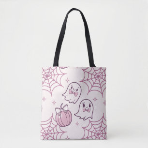 Bolsa Tote Kawaii Rosa Halloween Fantasmas e Abóbora