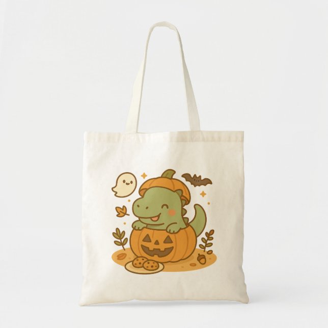Bolsa Tote Kawaii T-Rex Dinossaur de Halloween Pumpkin (Frente)