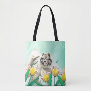 Bolsa Tote Keeshond em Tulips pintando uma linda arte canina