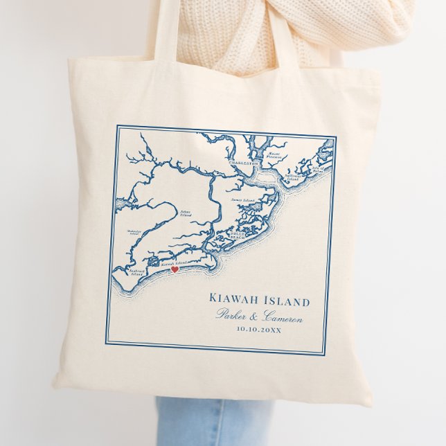 Bolsa Tote Kiawah Island SC Marinho Blue Weding Favor Bem-vin (Elegant Kiawah Island SC Wedding Tote bag navy blue. Welcome bag wedding favor Coastal Map Designs)