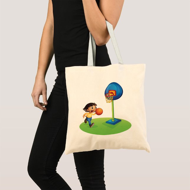 Bolsa Tote Kid Jogando Basquete com Esporte de Hoop (Criador carregado)