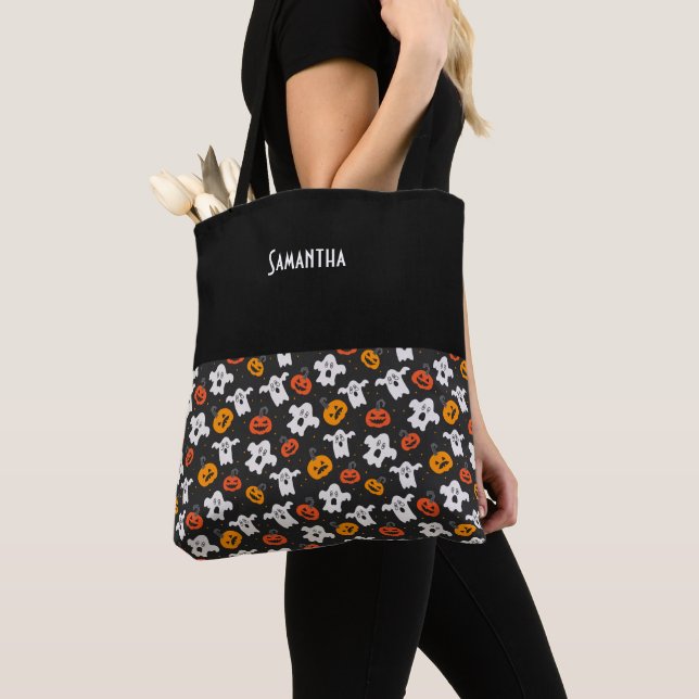 Bolsa Tote Kids Halloween Spooky Ghosts & Jack Lanterns Nome (Close Up)