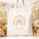 Bolsa Tote Kids Name Boho Pastel Earth Tones<br><div class="desc">This tote bag features a boho rainbow decorated with a heart and polka dots in muted pastel earth tones of gold,  terracotta,  beige,  dusty rose,  green and ivory. Personalize it with her name in terracotta handwriting script.</div>