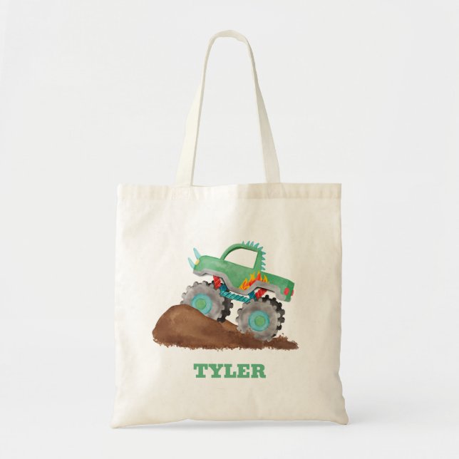 Bolsa Tote Kids Watercolor Green Monster Stunt Truck (Frente)
