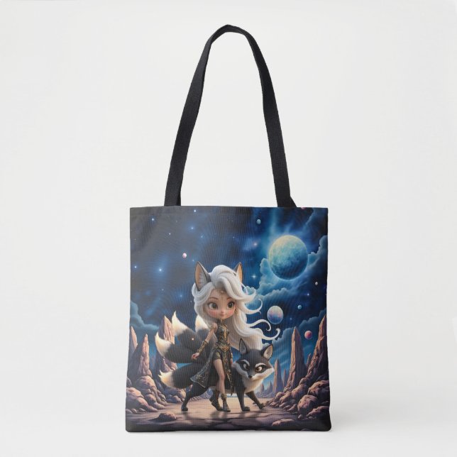 Bolsa Tote Kitsune Celestial – Guardiã das Quatro Caudas.  (Frente)