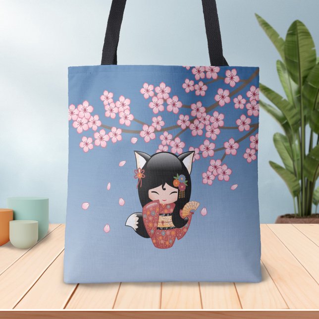 Bolsa Tote Kitsune Kokeshi Doll - Rapariga Negra Fox Geisha (Criador carregado)