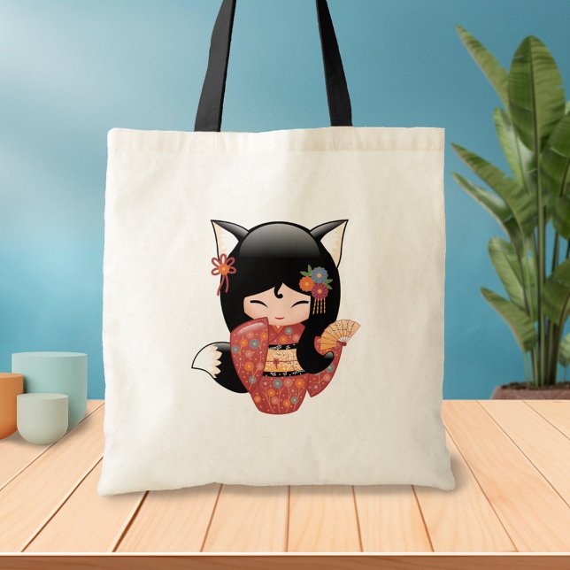 Bolsa Tote Kitsune Kokeshi Doll - Rapariga Negra Fox Geisha 2 (Criador carregado)