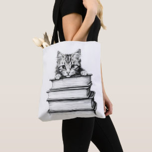 Bolsa Tote Kitten on Books Monocromatic
