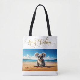 Bolsa Tote Koala em uma praia arenosa Feliz Natal