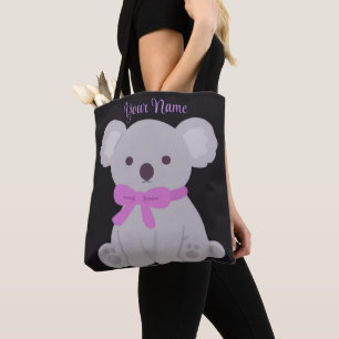 Bolsa Tote Koala Laço Roxo Fofo Kawaii Personalizado Preto