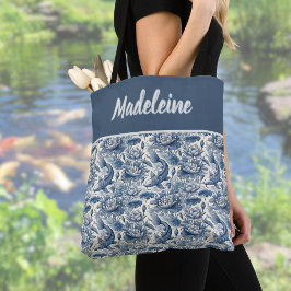 Bolsa Tote Koi Fish and Water Lily Blue Chinoiserie Monogram