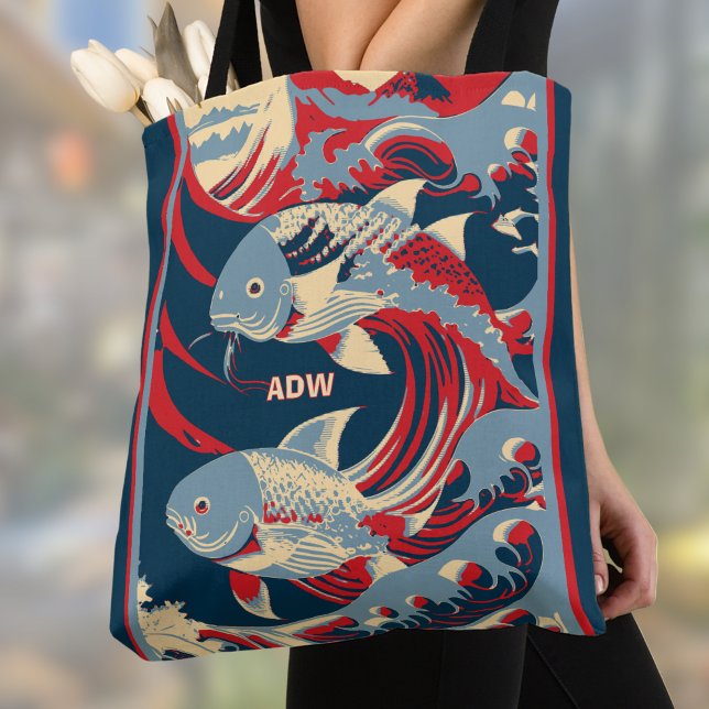 Bolsa Tote Koi Fish with Red Blue Great Wave Monogram (Criador carregado)