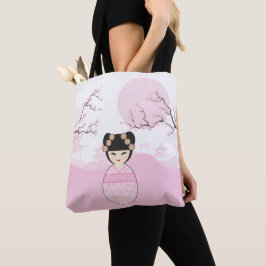 Bolsa Tote Kokeshi Doll in Pink on Typical Japanese Landscape