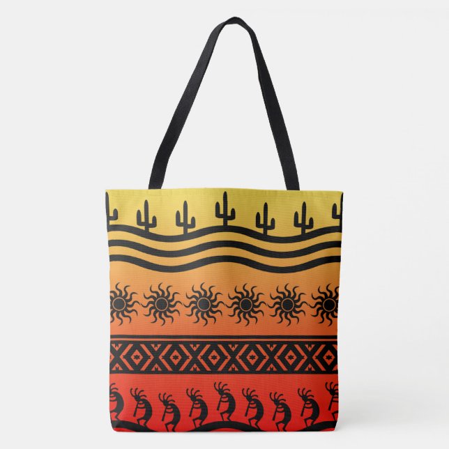 Bolsa Tote Kokopelli Ombre Sunset Cactus Padrão (Frente)