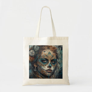 Bolsa Tote La Catrina Azul Dia de los Muertos Crânio de Açúca