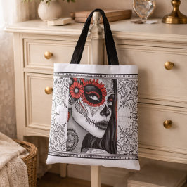 Bolsa Tote La Catrina Black, White & Red Día de los Muertos