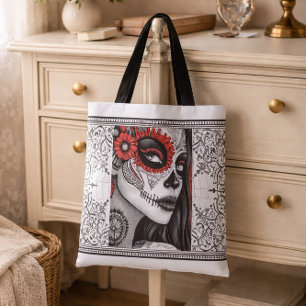 Bolsa Tote La Catrina Black, White & Red Día de los Muertos