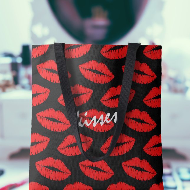 Bolsa Tote Lábios Beijos com Batom Vermelho Bonito Padrão Pre (A cute red kisses pattern tote bag with text you can customize. Pop your lipsticks in!)