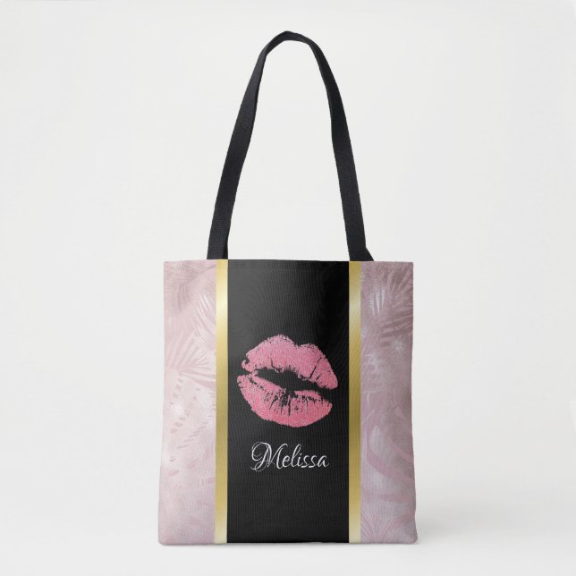 Bolsa Tote Lábios brilhantes cor-de-rosa e folhas tropicais D (Frente)