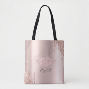 Bolsa Tote Lábios de Diamantes Tendência Rosa Dourado Brilho