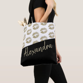 Bolsa Tote Lábios Dourados Pretos - Padrão de Beijo Moderno P
