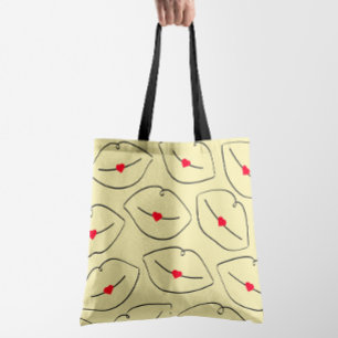 Bolsa Tote Lábios e Corações em Arte de Linha Retro Amarelo S