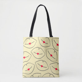 Bolsa Tote Lábios e Corações em Arte de Linha Retro Amarelo S