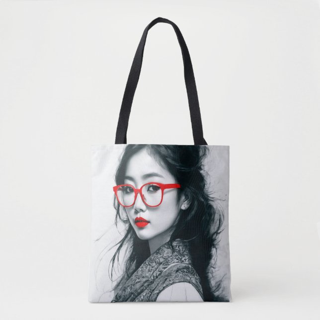 Bolsa Tote Lábios Vermelhas E Vidro, Retratos, De Cor Branca, (Frente)