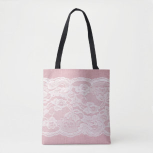 Bolsa Tote Lace branco sobre a textura de linho cor-de-rosa P