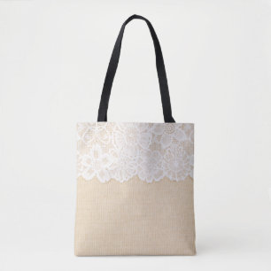 Bolsa Tote Lace branco sobre design de tecido.