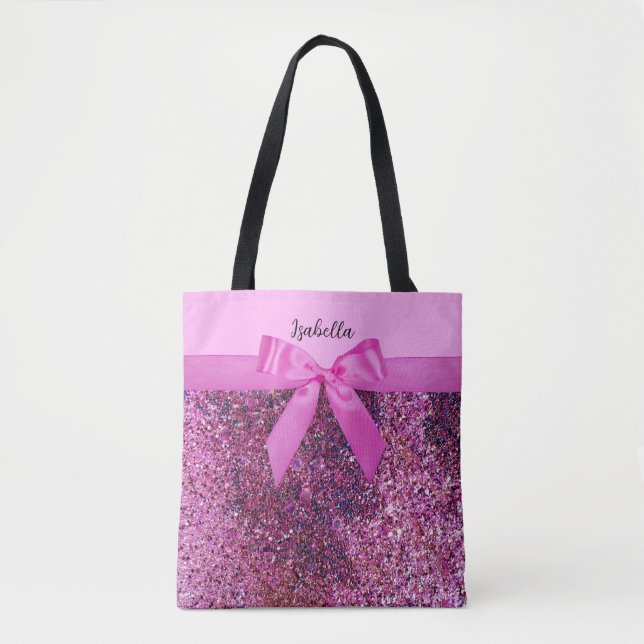 Bolsa Tote Laço Coquette & Nome em Letra com Brilho Rosa e Ro (Frente)