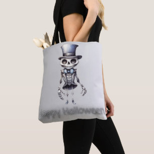 Bolsa Tote Laço de Esqueleto Fofo Chapéu Alto Prata Halloween