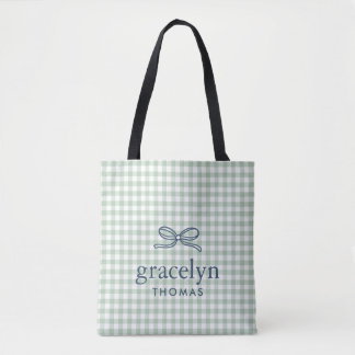 Bolsa Tote Laço Monograma em Xadrez Verde Salvia