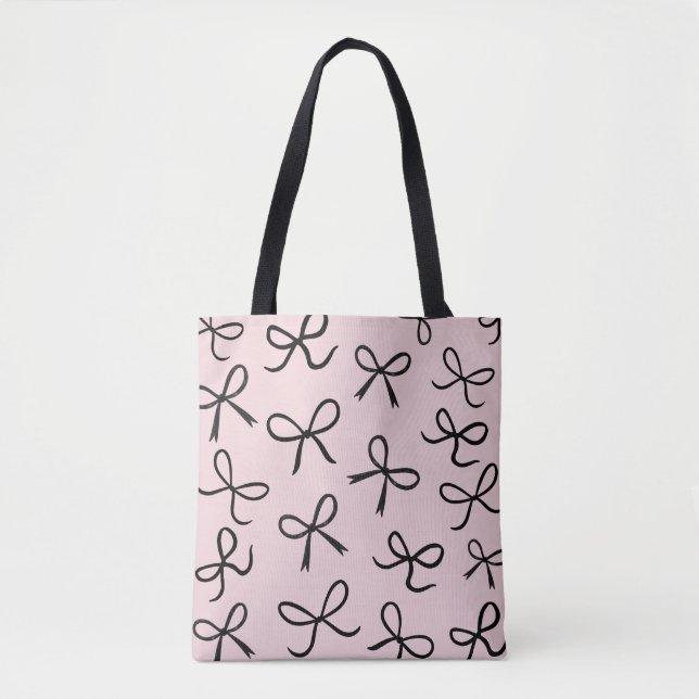 Bolsa Tote Laços Pretos Pequenos e Fofos na Moda Rosa (Frente)