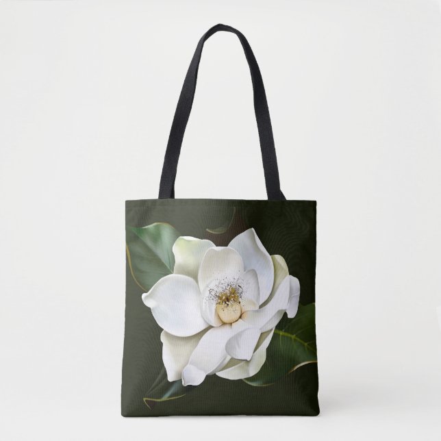 Bolsa Tote Lado a fundo verde da Magnolia Branca (Frente)