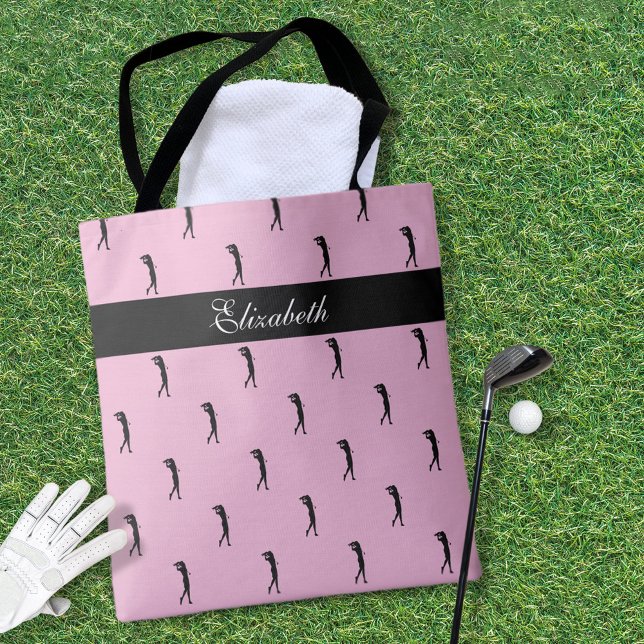 Bolsa Tote Lady Golfer - Padrão de nome personalizado rosa pr (Lady Golfer Customized Name Pattern Pink Black Tote Bag)