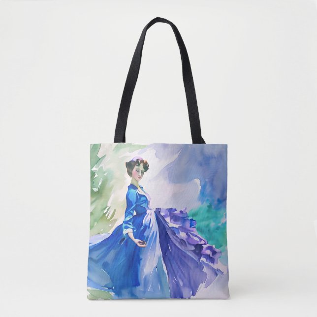 Bolsa Tote Lady in Blue Vress - Pintura por Aquarela (Frente)